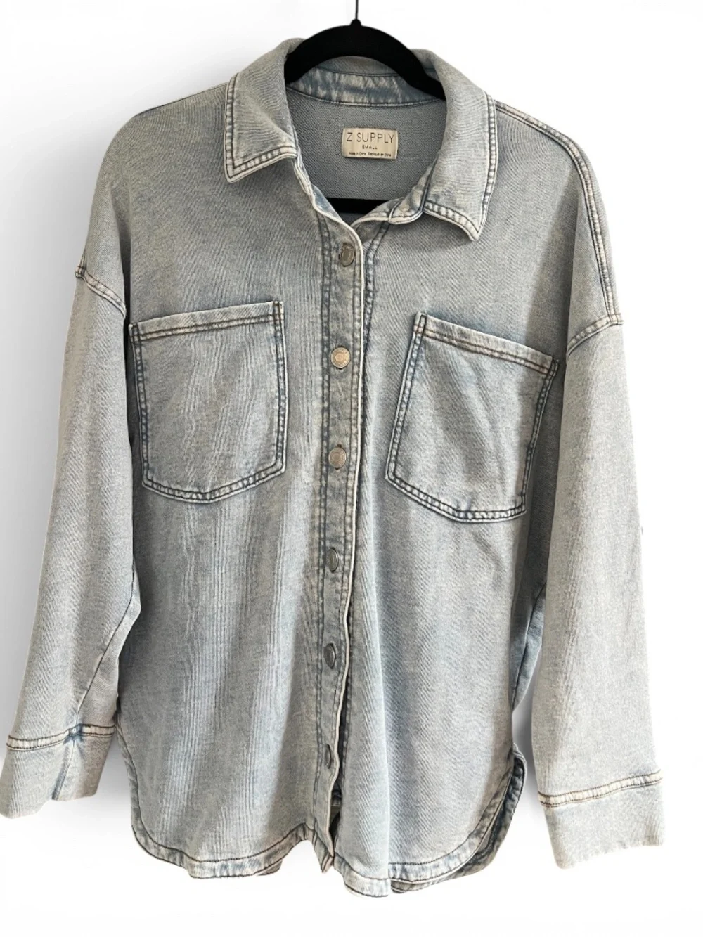 Z Supply All Day Knit Denim Shacket Washed Indigo Button Front (S) - Picture 2 of 5